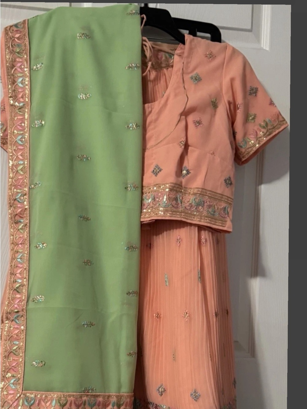 Peach Embroidered Lehenga with Light Green Dupatta Medium 36 bust size